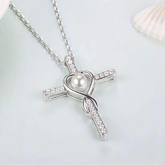New Beautiful Sterling Silver Cultured Pearl CZ Cross Necklace - Picture 1 of 4